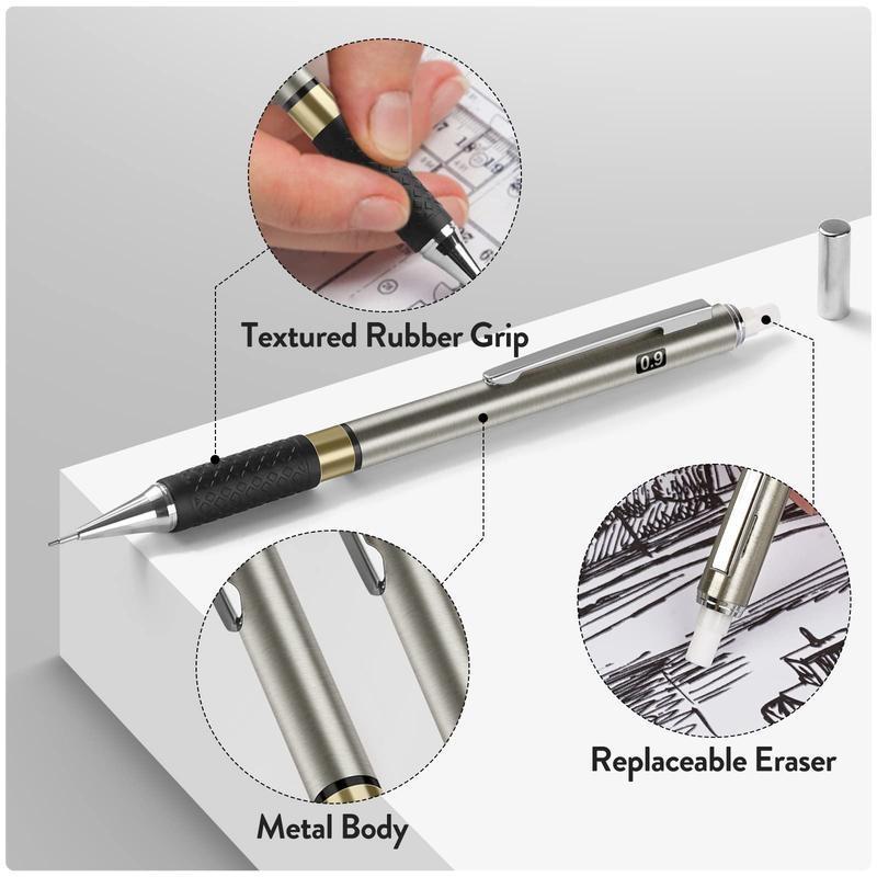 FourCandies 25PCS Art Mechanical Pencil Set with Case, 3PCS Metal Artist Lead Pencil 0.5, 0.7, 0.9 mm & 3PCS 2mm Lead Holder(HB 2H 2B 4B Color) with 432PCS Graphite Lead Refills for Drawing Sketching