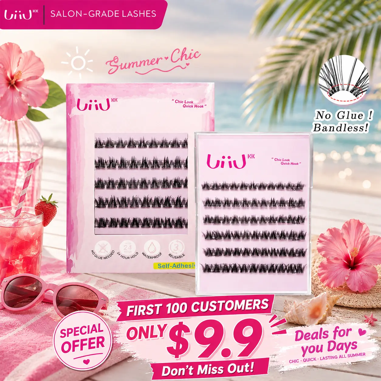 UiiUKK Glueless  Bandless Lashes-Self Adhesive Lash Clusters , Weightless & Auto-Fit Invisible Comfort, No Glue Needed DIY Eyelash Extensions, 3-Sec Easy Apply