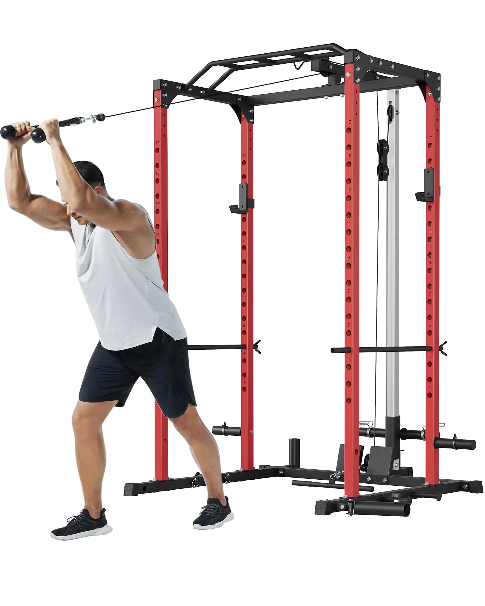 Gaomon 1200 LBS Multi-Function Power Cage Home Exercise Machine - Squat Rack with LAT Pulldown, Seated Row, Cable Pulley System, J-Hooks, Dip Handles, Landmine, Cable Crossover, Smith Attachment for Home Gym Strength Training Accessory