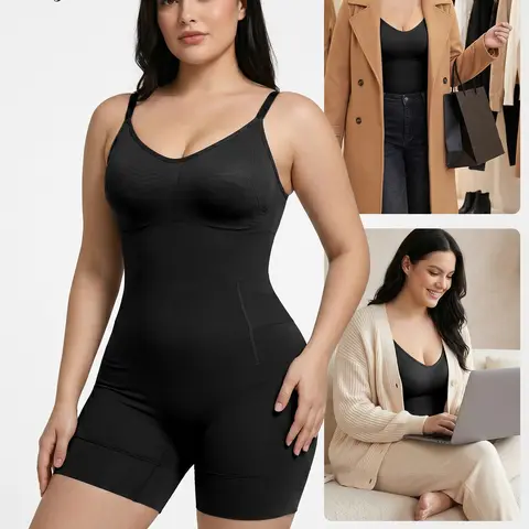 Women's High-Stretch Shapewear Bodysuit - Twill Tummy Control, Defined Waist, Mid-Thigh Boyshorts Compression, All Seasons Athletic Casual Apparel, Multi-Size Lifted Fit, Plus Size Option