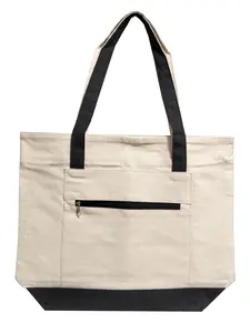 BTEXPERT 100% Cotton Natural Canvas Tote Bags 17.5X5X15, 12oz Top Zipper External Pocket, Reusable Shoulder Shopping Bag for Campus Grocery, DIY, Promotional & Events