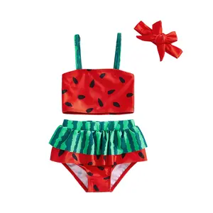 YSHWHWTS Toddler Swimsuit Baby Girl Bathing Suit Sleeveless Watermelon Print Bikini Top Ruffle Shorts with Hat Beach Swim Wear