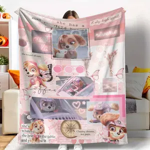 Pink Dream Flannel Blanket， Aesthetic Butterfly and Puppy Cartoon Print， Soft Cozy Lightweight Warm Fleece Throw， Perfect for Bedroom Sofa Living Room Gift Decor Festival Lounge Use tiktokshopspringglowup