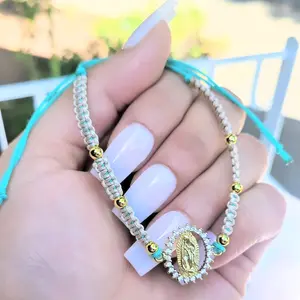 Adjustable Virgin de Guadalupe String Bracelet Religious Jewelry Pulcera de hilo Nylon Cord Bracelet Women's Bracelet Virgencita Jewelry Gifts 18k Gold Plated Brass Beads & Turquoise Nylon String 1mm Beige & 0.8mm Turquoise Strings