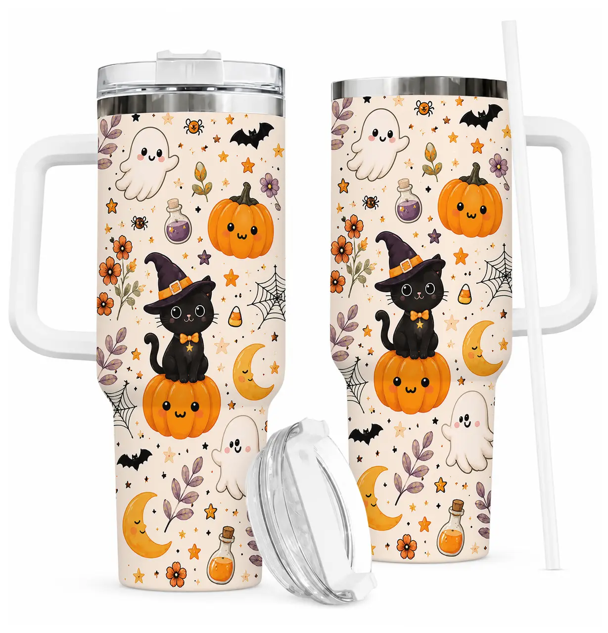 Cute Halloween Tumbler 40oz, Ghost Pumpkin Cat Travel Cup with Handle and Straw, Spooky Fall Drinkware, Halloween Gift for Her