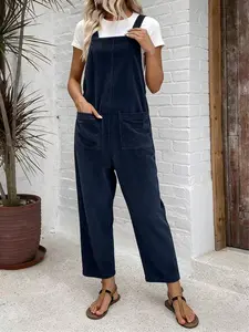 Women's Plain Soft Corduroy Jumpsuit, Loose Fit Nine-Quarter Style, Comfortable Versatile Casual Daily Wear, Long Sleeve Plaid Pattern