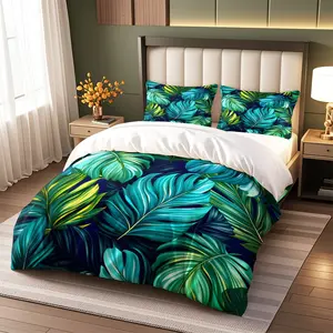 3-Piece Tropical Leaf Print Bedding Set with Zipper, Comfortable Bed Sheets Includes 1 Fitted Sheet + 2 Pillowcases, Bedroom & Guest Room Use