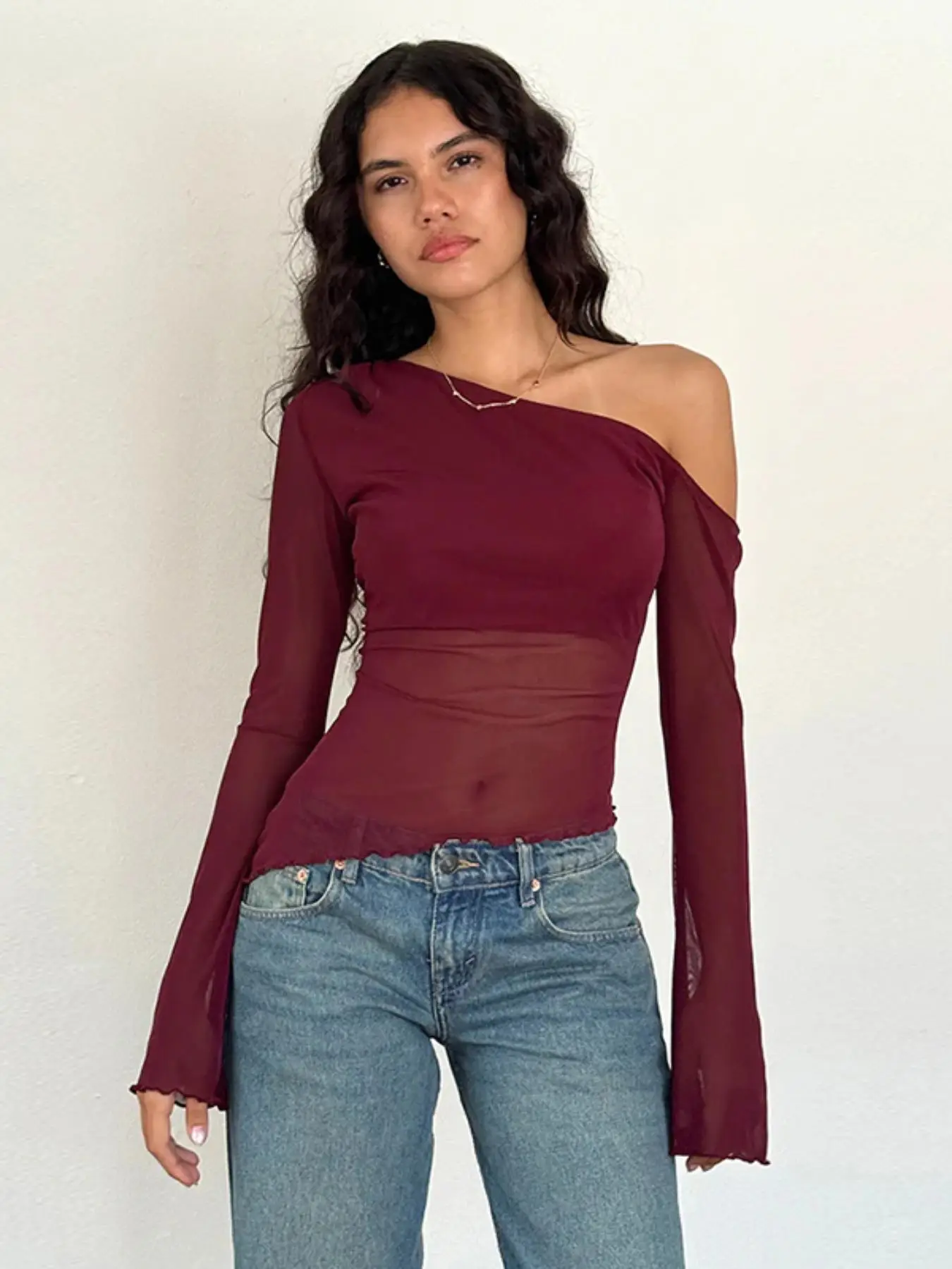 Women's Plain Asymmetrical Neck Flounce Sleeve Tee, Casual Long Sleeve T-shirt for Spring & Fall, Women's Clothing for Daily Wear, Valentine's Day Gif