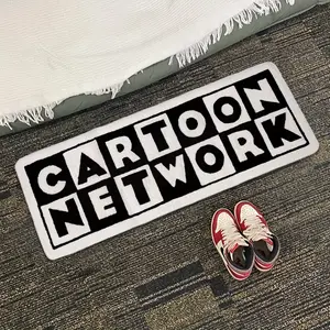 Retro cool style living room decoration strip carpet black and white contrasting color ins  bedroom bedside plush carpet Cartoon Network letter design bathroom entrance thick anti-slip carpet American retro trendy brand game room study washable carpet