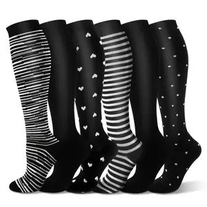 6 Pairs Knee-High Compression Socks 15-25mmHg Circulation Support for Running & Cycling - Striped & Heart Pattern Design, Polyester-Spandex Blend, All-Season, & Multi-Color Options, Complete Compression Socks, Athletic Kneehighs, Playful Design