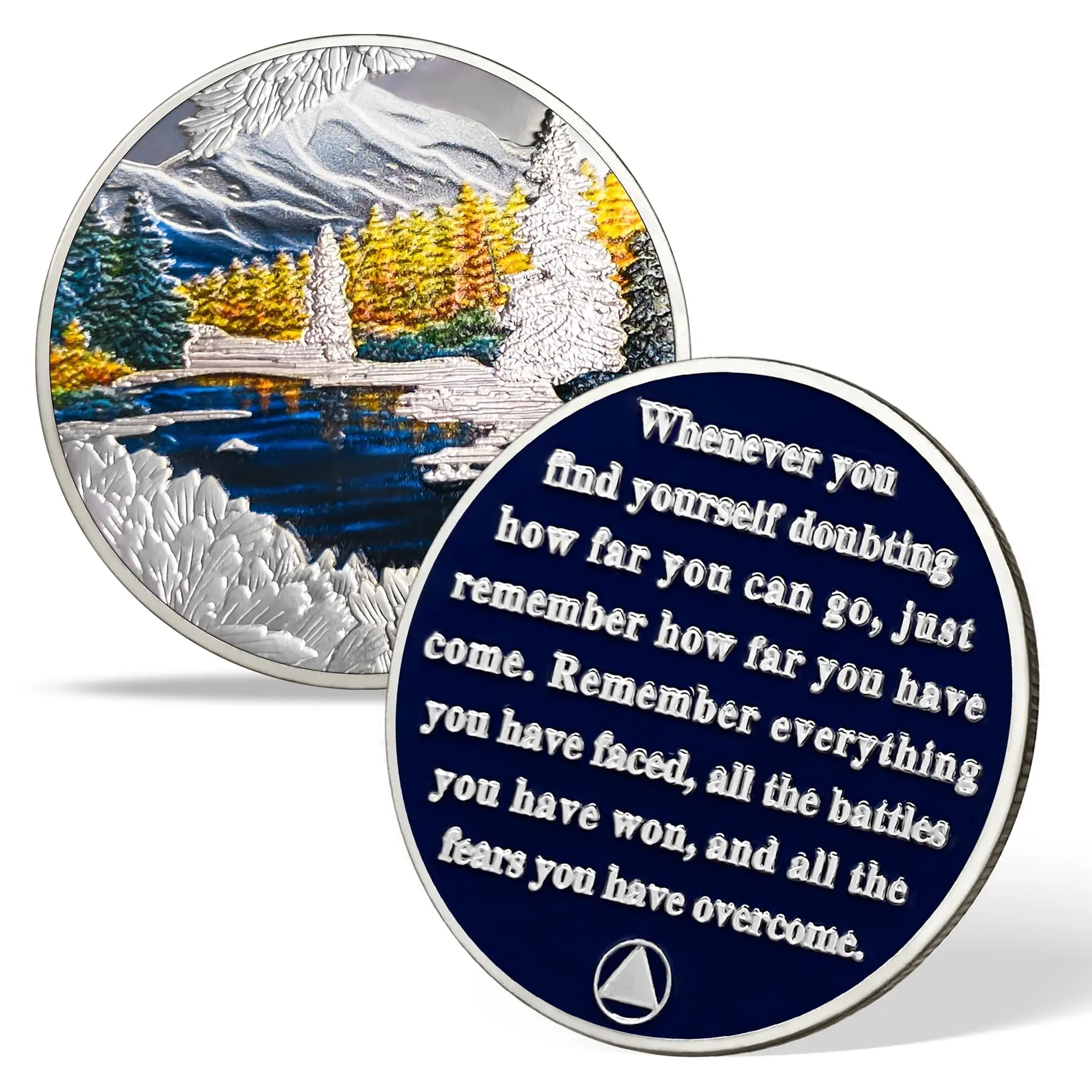 Winter Sobriety Coin, Seasonal Recovery Medallion with Mountain Lake Scenery and Motivational Quote, Non-Religious Sober Anniversary Gift for 12 Step Recovery and Daily Reminder