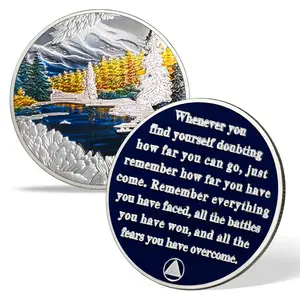Winter Sobriety Coin, Seasonal Recovery Medallion with Mountain Lake Scenery and Motivational Quote, Non-Religious Sober Anniversary Gift for 12 Step Recovery and Daily Reminder