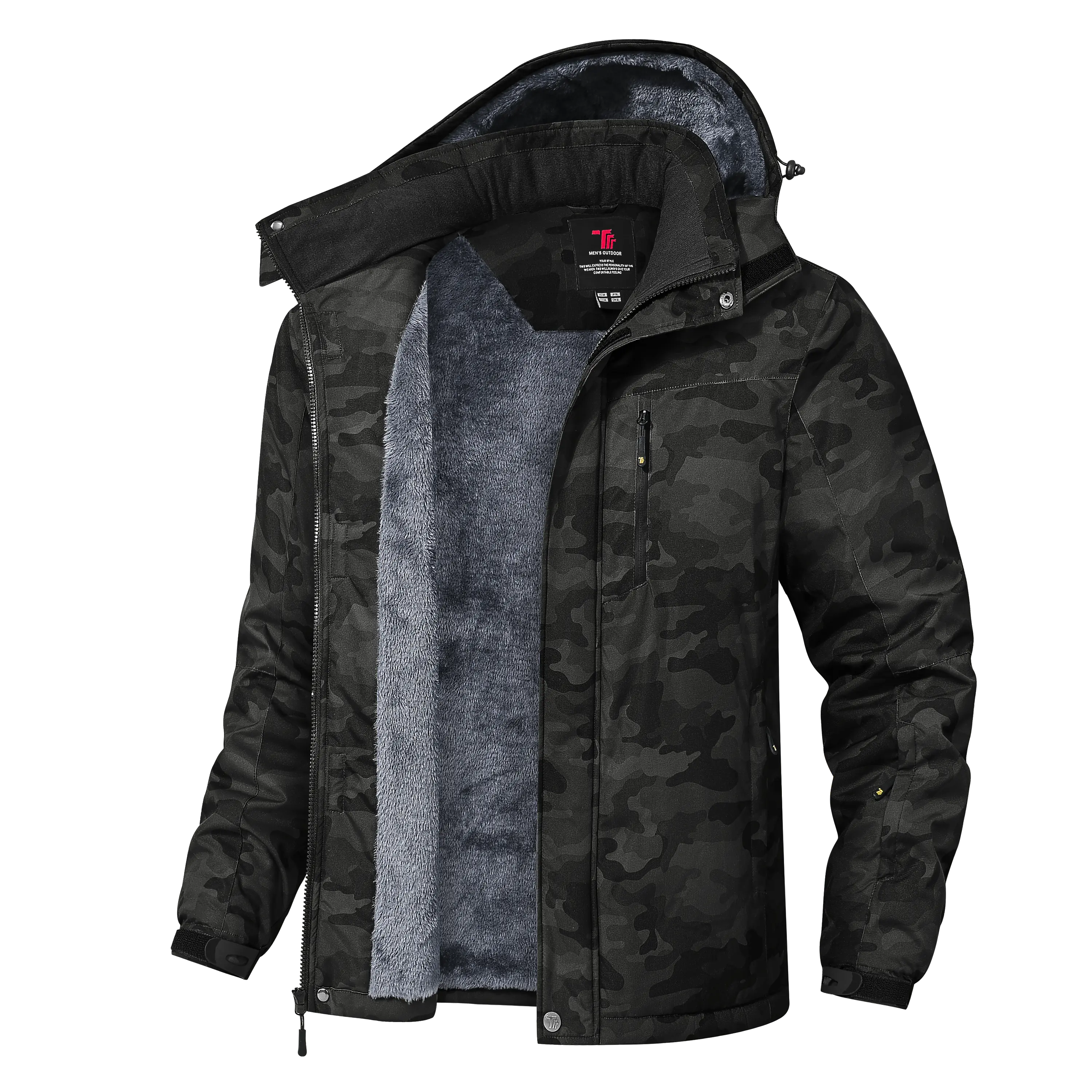 YSENTO Men's Winter Ski Jackets Waterproof Thermal Snowboard Coats Windproof, Fleece Lined, Warm Insulated, Detachable Hood, 5 Pockets, Cold Weather, Snowboarding, Work, Hiking, Camping,  Camofluage and Solid Color Black Outdoor Clothing Hiking Camping Cl