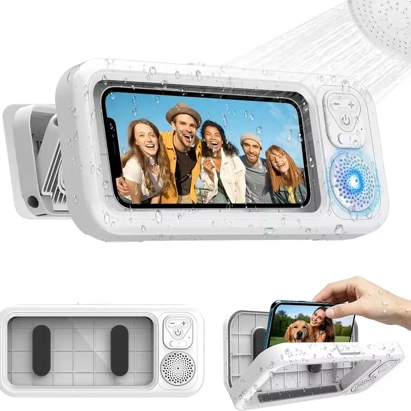Shower Phone Holder with Bluetooth Speaker, Waterproof Touch Screen Phone Case, 360° Rotation Wall Mount Bathroom Phone Stand for TikTok/Streaming