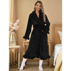 Women’s long-sleeve flannel bathrobe, elegant French terry sleepwear with pockets, warm autumn–winter home wear, thickened robe