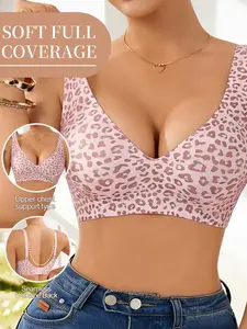 Leopard print Jelly-Strip Seamless Wire-Free Bra Wireless Deep V-Neck Push-Up Tank Top Women's Comfort Bra Push-Up Bra Perfect for everyday comfort under push-up T-shirts