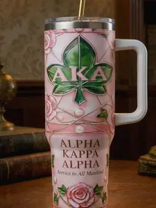Alpha Kappa Alpha Tumbler with Handle – AKA Sorority Luxury Mug, Pink & Green Stainless Steel Cup, Perfect AKA Gift