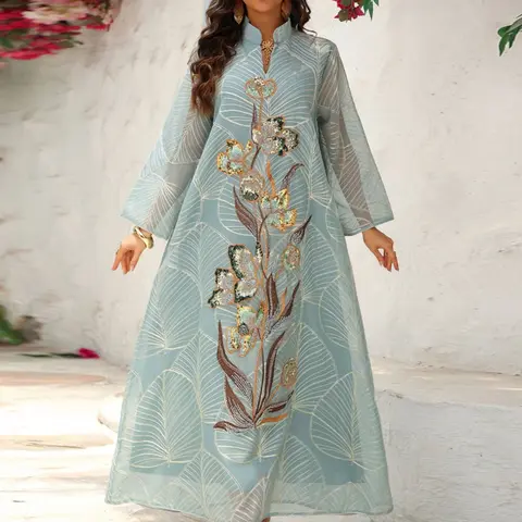 Women's Traditional Style Elegant Chic Floral Sequined Woven Mesh Kaftan Dress, Middle Eastern Fashion Aesthetic Formal Evening Embellished Glam Gown Abaya, Perfect for Special Occasions, Womenswear