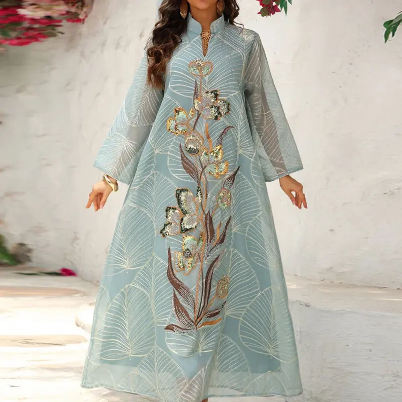 Women's Traditional Style Elegant Chic Floral Sequined Woven Mesh Kaftan Dress, Middle Eastern Fashion Aesthetic Formal Evening Embellished Glam Gown Abaya, Perfect for Special Occasions, Womenswear