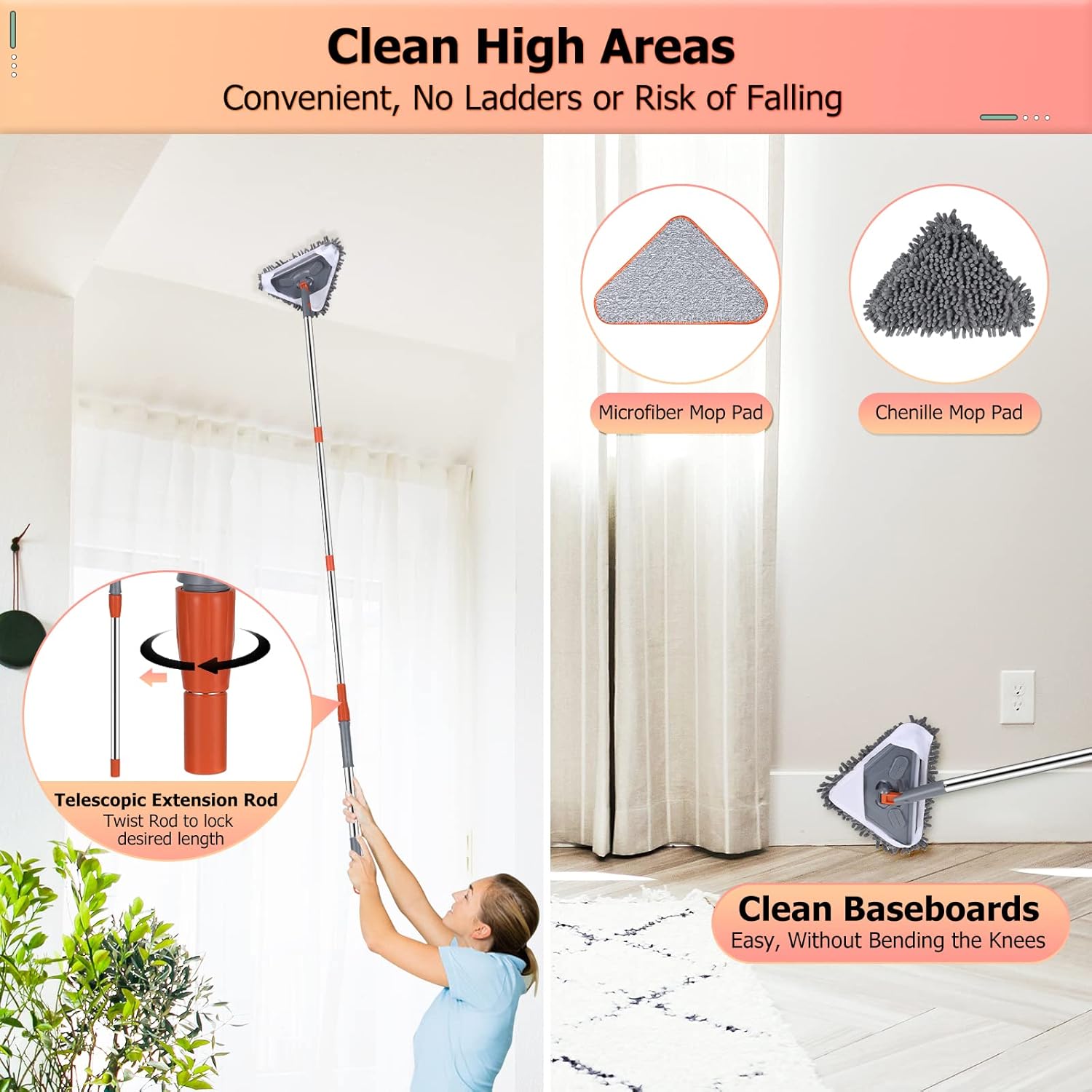 Multi-function mop, long-handle wall cleaner, adjustable-length wall mop, 360° rotating head, floor and wall cleaning tool, suitable for walls, tiles, floors, baseboards, dust, kitchen, general purposes, includes 6 replacement pads and 1 silicone squeegee