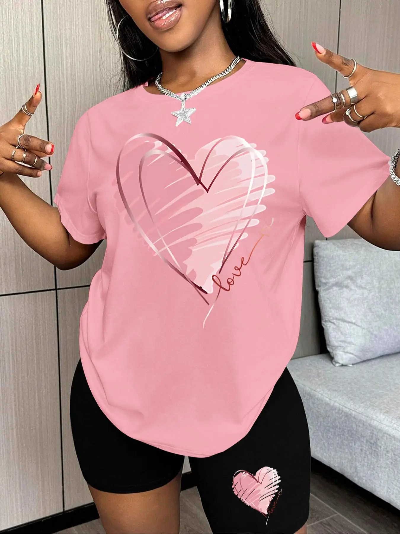 Two-piece Set Women's Heart Print Tee & Skinny Shorts Set, Casual Short Sleeve T-shirt & Track Shorts, Ladies Sportswear for Indoor Outdoor Wear, Clothes, Round Neck Womenswear, Matching Set, Summer Outfits Set