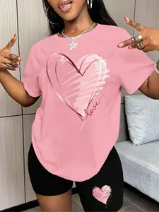 Two-piece Set Women's Heart Print Tee & Skinny Shorts Set, Casual Short Sleeve T-shirt & Track Shorts, Ladies Sportswear for Indoor Outdoor Wear, Clothes, Round Neck Womenswear, Matching Set