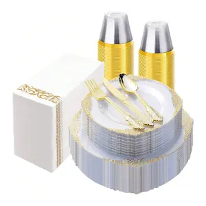 175 Pcs Plastic Plates, Clear and Gold Plates, Elegant Dinnerware Set for 25 Guests Include 25 Dinner Plates 10 inch , 25 Dessert Plates 7 inch, 75 Plastic Silverware, 25 Cups, 25 Napkins, Elegant Tableware set for Wedding ,Party, Thanksgiving