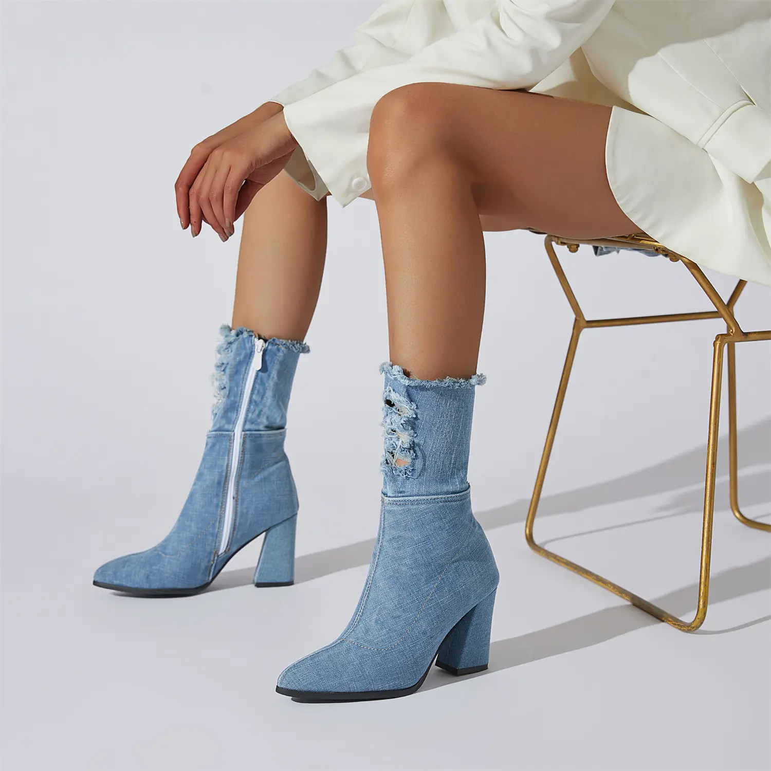 Women's Denim Ankle Boots Pointed Toe Blue Jean Boots Short Mid Calf Booties with Side Zipper Party Wedding Boots