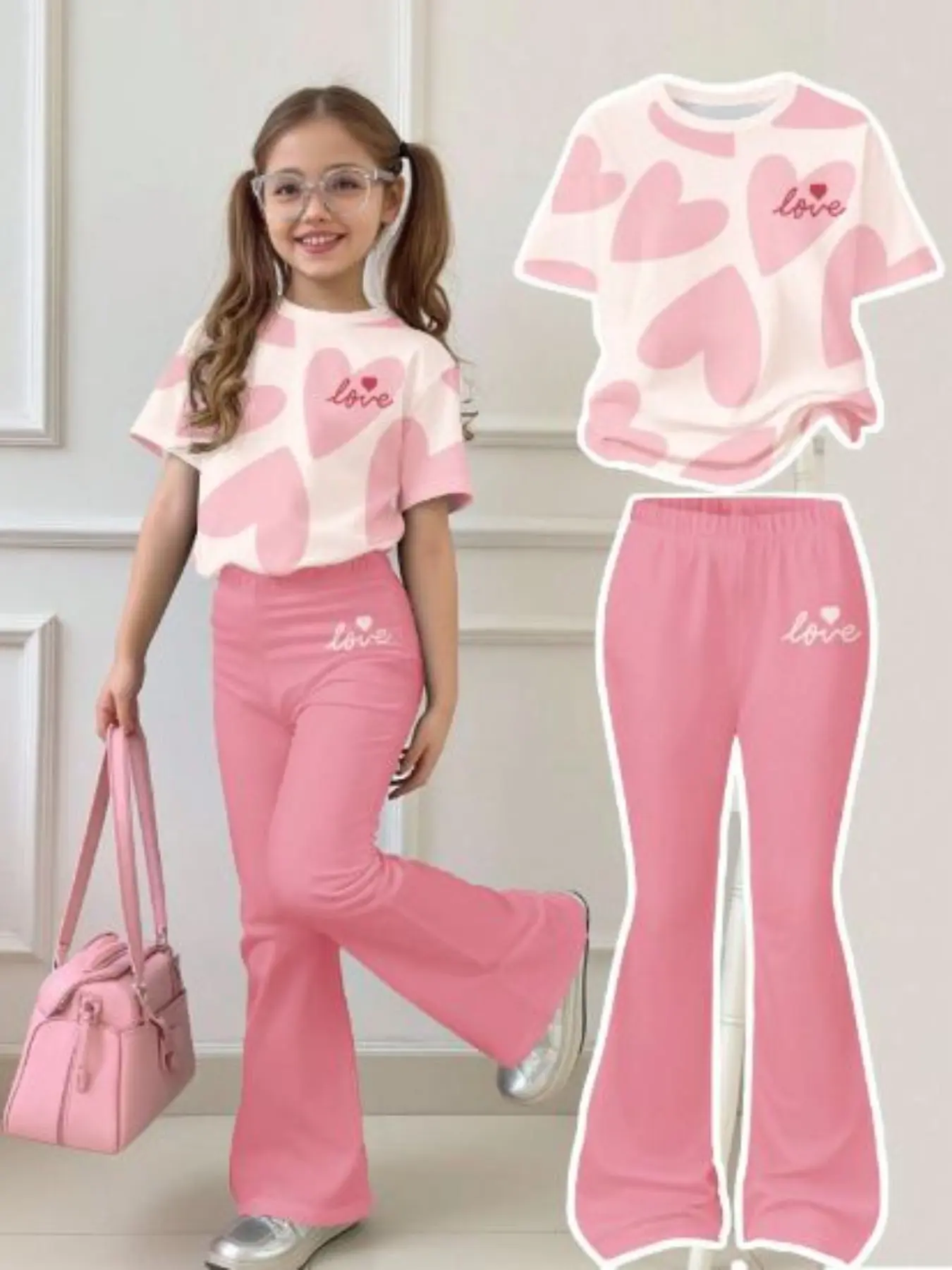 Girls' Summer Clothing Set, & Colorblock Heart Print, Short Sleeve Round Neck T-Shirt & Bell Bottom Pants, Outdoor Wear, Summer Clothes Set