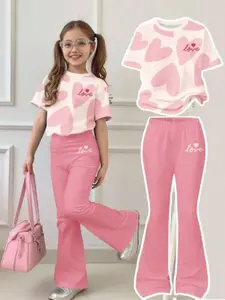 Girls' Summer Clothing Set, & Colorblock Heart Print, Short Sleeve Round Neck T-Shirt & Bell Bottom Pants, Outdoor Wear
