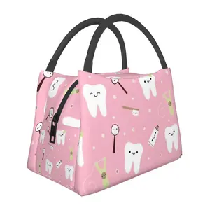 lunch box for women，lunch bag, reusable portable insulation bag, insulation bag,Pink teeth pattern, suitable for outdoor camping, work, school, fitness