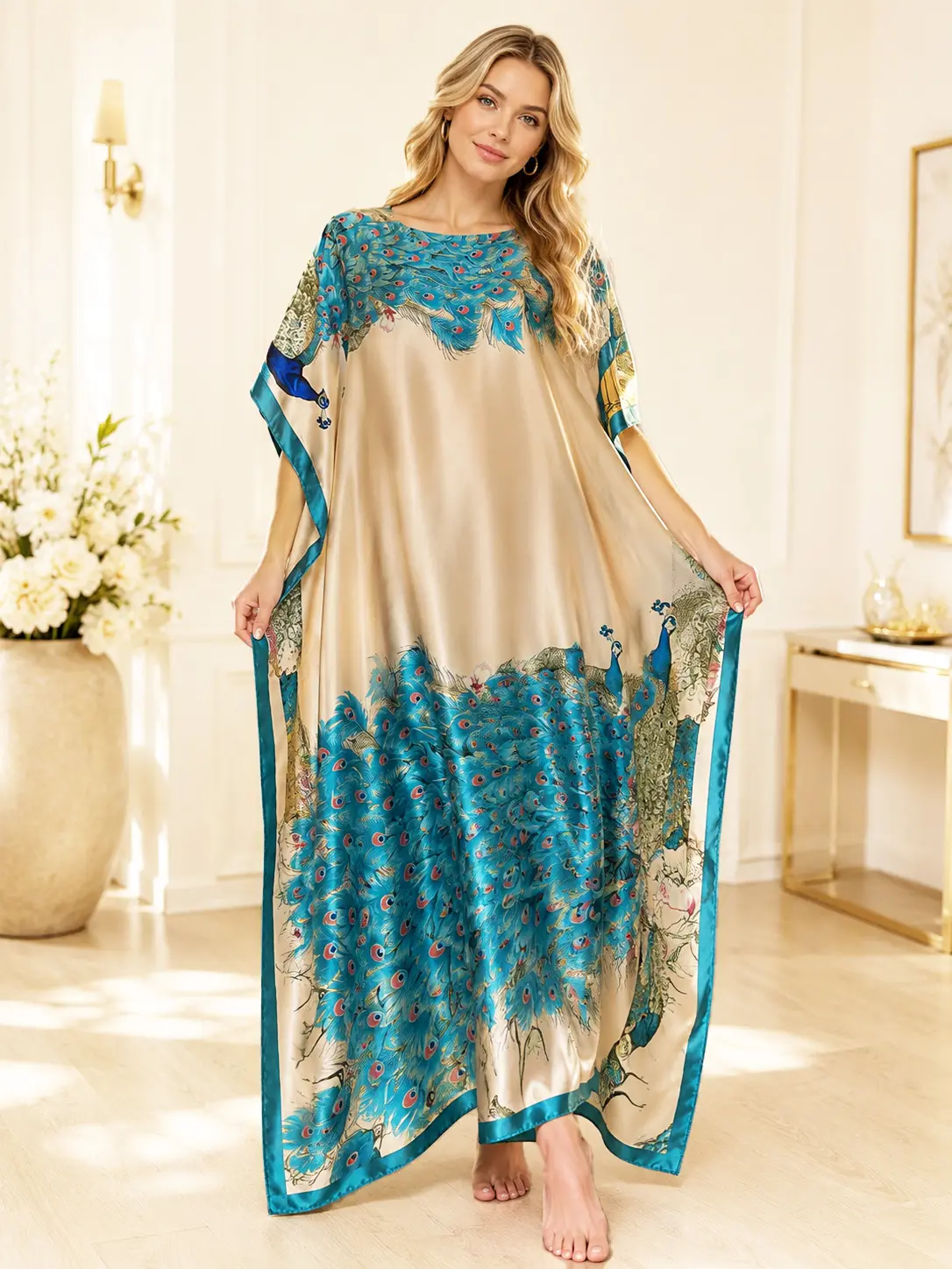 Women's Silky Polyester Poncho Kaftan Maxi Dress Beach Cover Up with Matching Scarf, Batwing Sleeve, Colorblock Leopard Abstract Flower Bold Print, Slip On, Wrinkle Resistant, Casual for Beach Kaftans Cruise Travel Pool Sisters, Do Not Dry Clean, Quick Dr