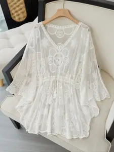 Bohemian style holiday beach blouse knitted openwork embroidered pullover, suitable for leisure and beach holiday Swimwear Cover Up Swimsuit Cover Ups