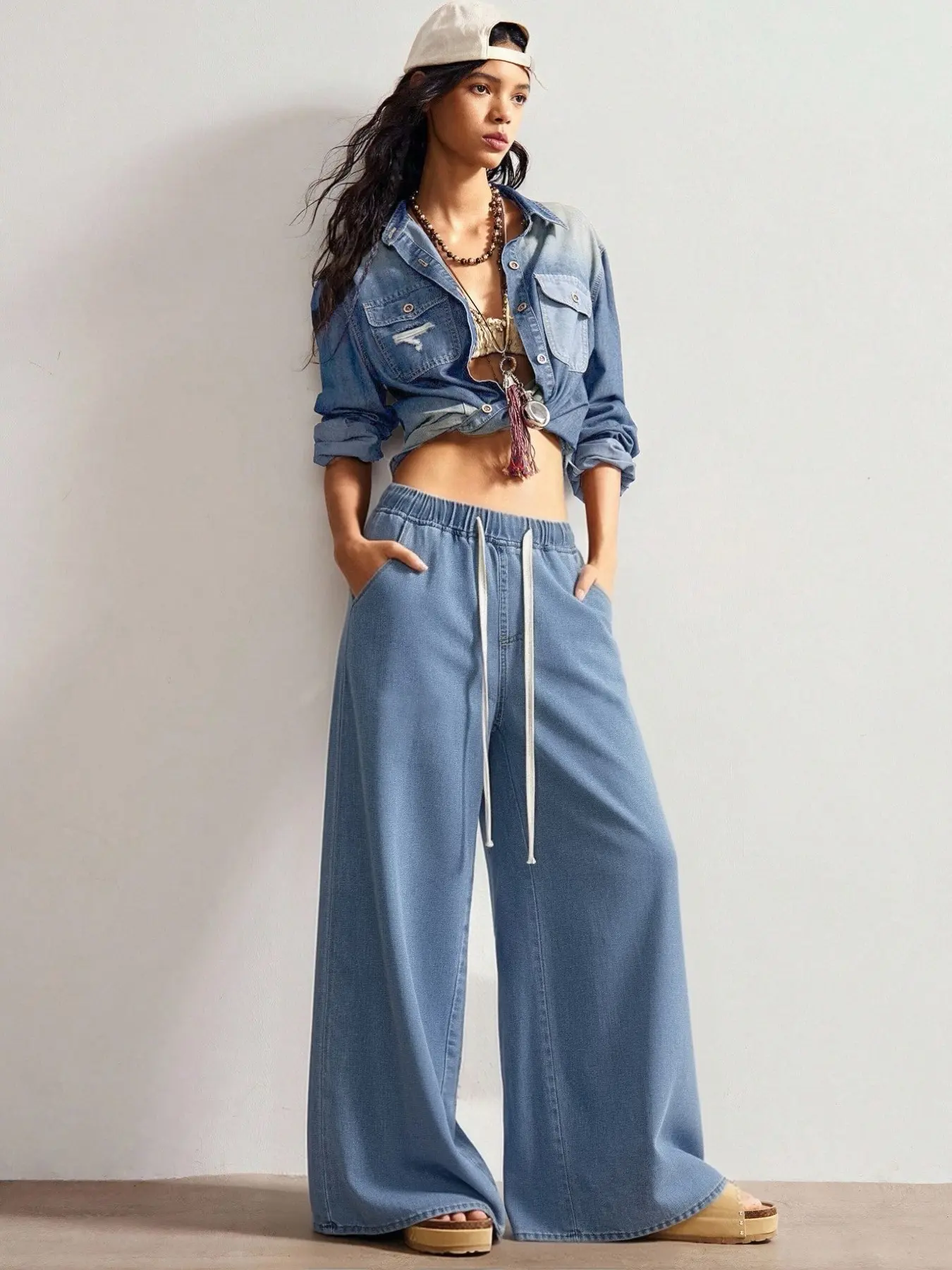 Women's High-Waisted Denim Woven Jeans, Spring/summer Loose Wide-Leg Drawstring Comfortable Fabric, Lightweight Thin Transparent, Casual Campus Style, Light Blue Washed Long Pants, Adjustable Drawstring Jeans