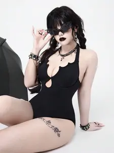 SHANIAH Women's Sexy Mysterious Vampire Bat Print Swimsuit, Gothic One-Piece Design, Elegant Summer Beach Outfit for Dark Aesthetic Vibes