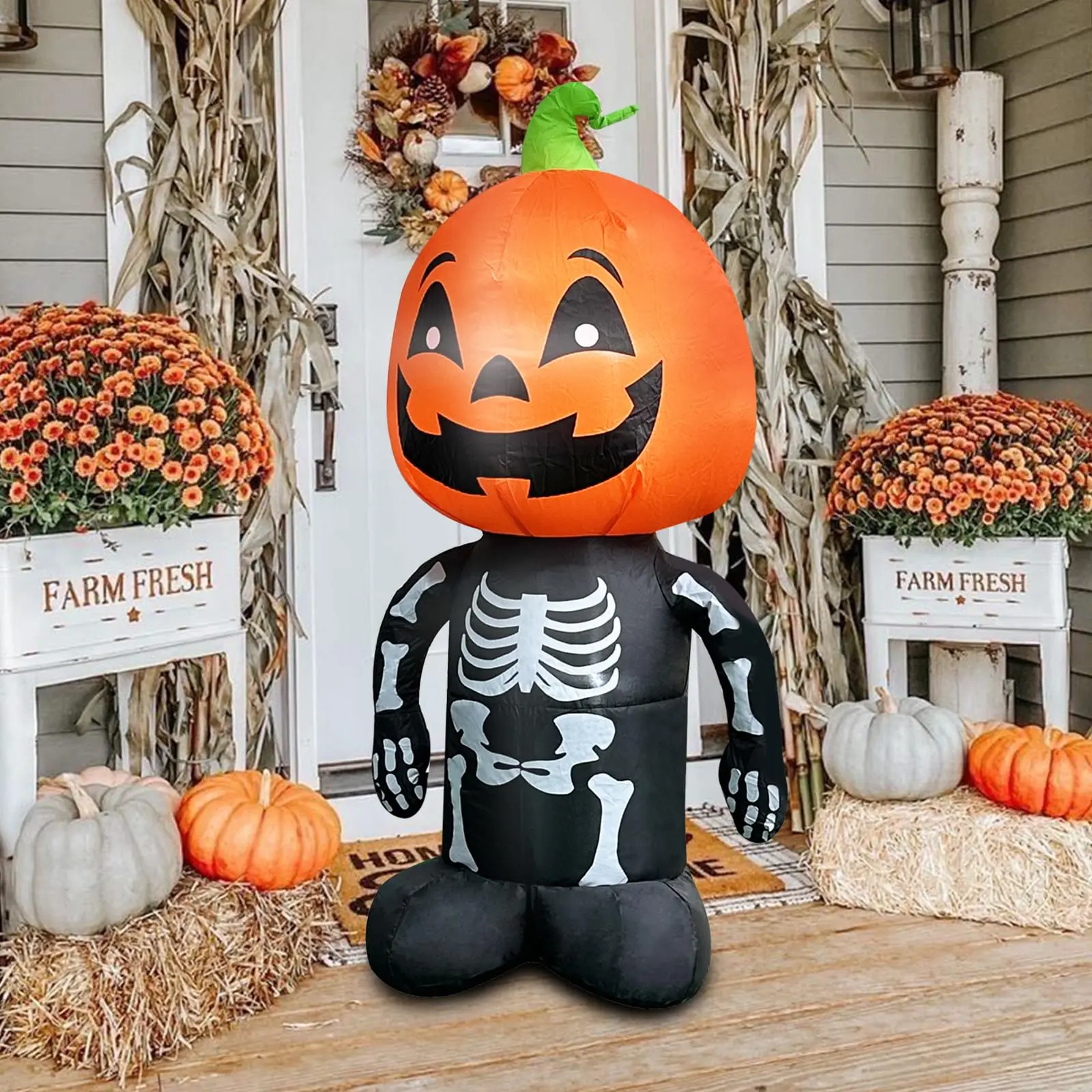 4 FT Halloween Inflatable Skull Skeleton with Pumpkin Head, Built-in LED Lights - Blow-Up Outdoor Decor for Lawn, Garden, Indoor/Outdoor Halloween Parties