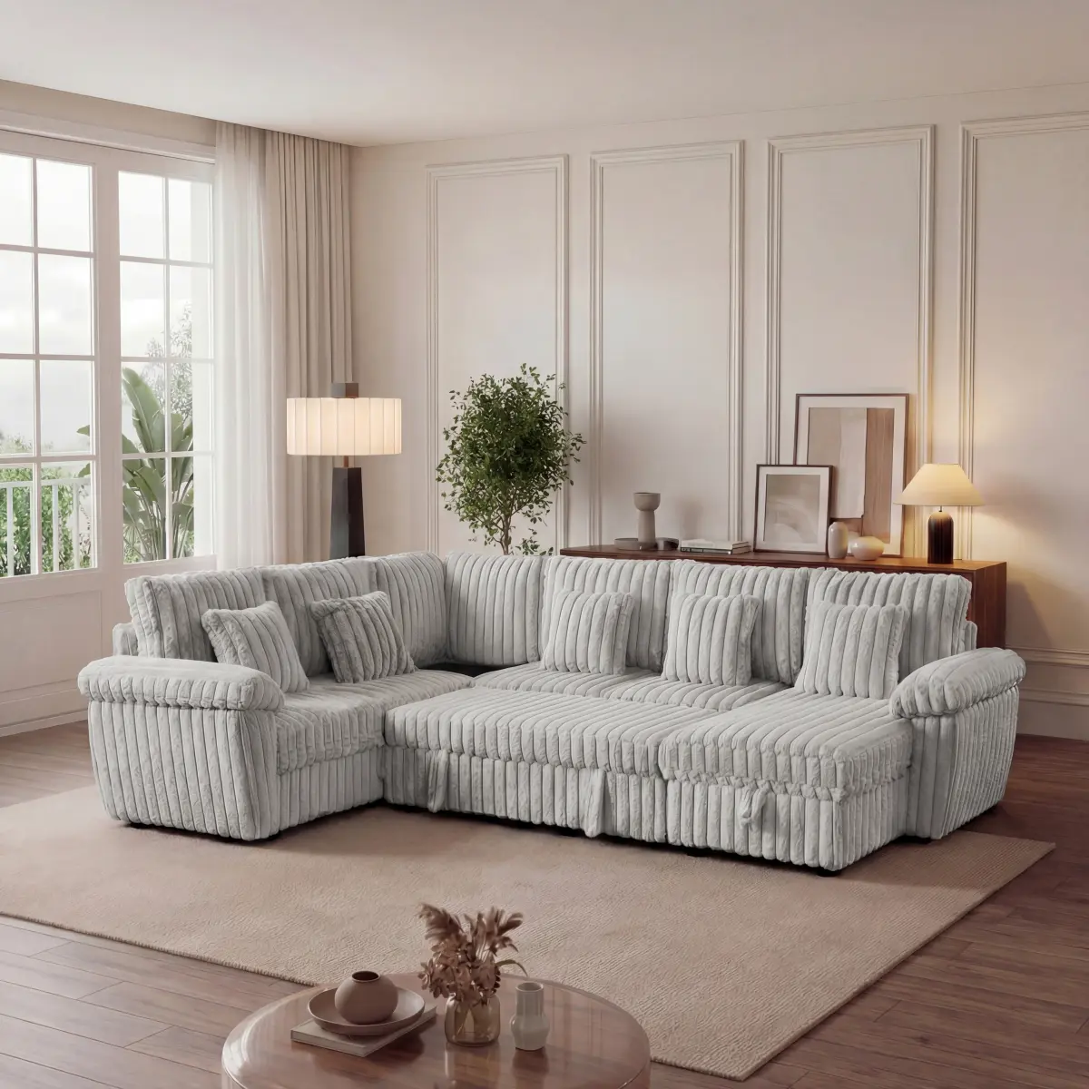 Aobtkel 103-in U-Shaped Corduroy Super Soft 3-Piece Sectional Couch Furniture, 2-in-1 2-Seater Sofa with Storage & Pull-Out Bed, Corner Coffee Table with Cup Holder & USB Ports for Living Room Couches, Apartment Furniture