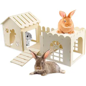 Large  Wooden Hideout House, Multi-Chamber Small  Wooden Castle Cage, Bunny Playhouse Habitat Decor Tunnel for   Guinea Pig Chinchilla Hedgehog