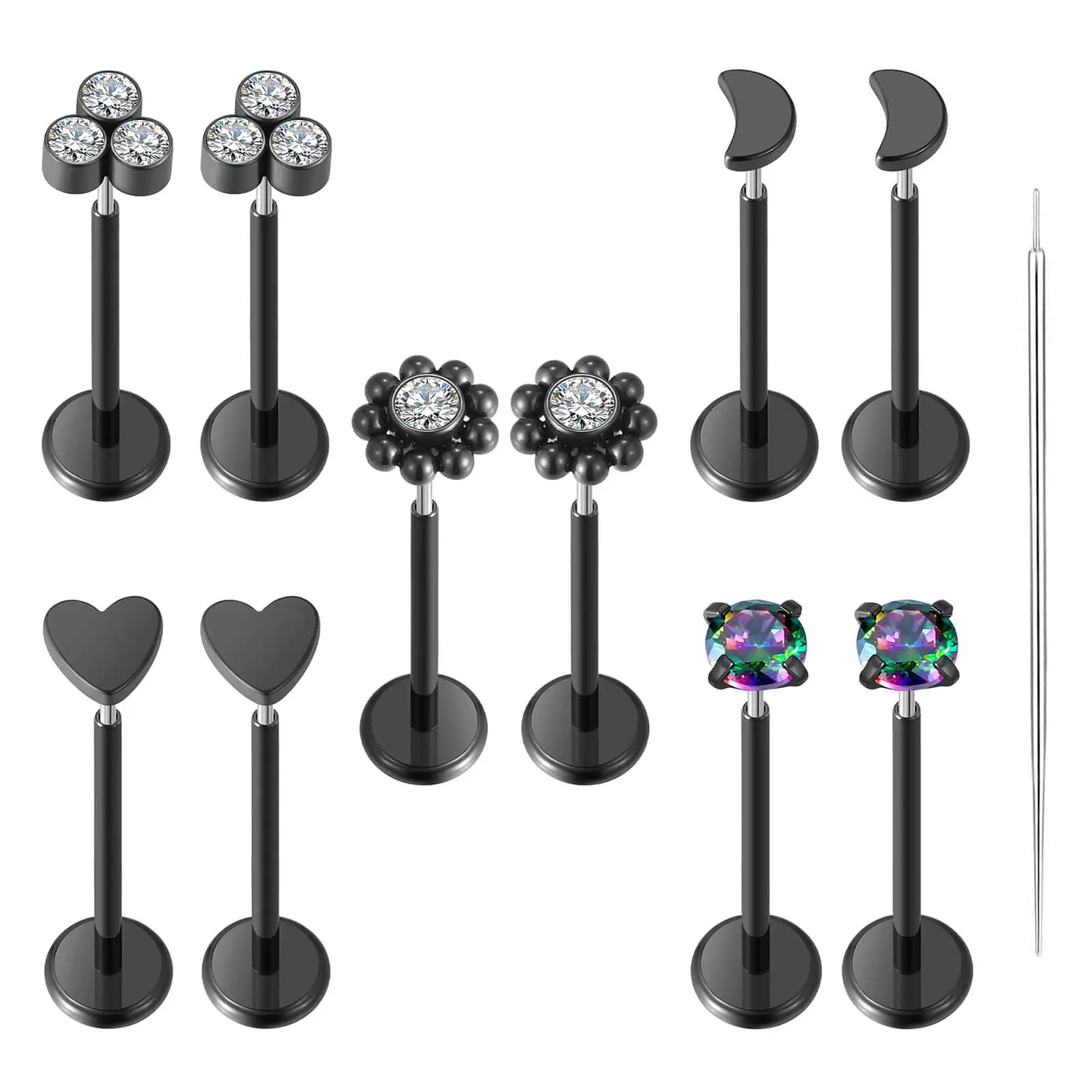 10pcs 20g/18g/16g Threadless Push-in Tragus Conch Cartilage Flat Helix Labret Monroe Lip Ring Daith