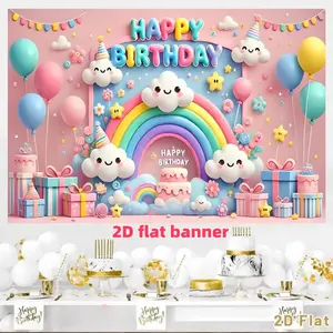 Happy Birthday Rainbow Cloud Balloon Candle Colorful Polyester Background Cloth, made of polyester material, suitable for photo booths, parties, birthdays, celebrations, as well as indoor and outdoor home birthday party decoration, home decoration