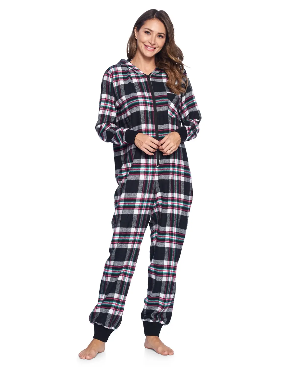 Ashford & Brooks Women's Flannel Hooded One Piece Pajama Union Jumpsuit