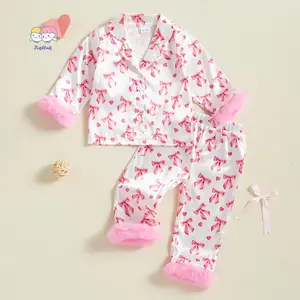 Toddler Baby Girl Valentine Pajamas Sets Bow Print Plush Laple Long Sleeve Tops with Pants