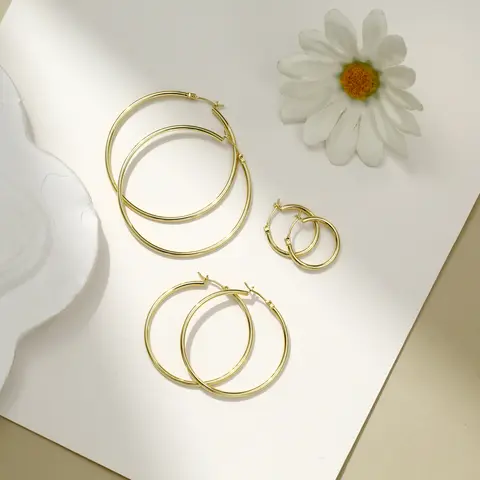 Women's 14K Gold-Plated Large Hoop Earrings - Silver Tone, Gold Aesthetic, Lightweight, Classic Style Earrings, Elegant Female Costume Jewelry, Daily Wear, Tarnish-Proof, Lead and Rust Free, Metal Coating