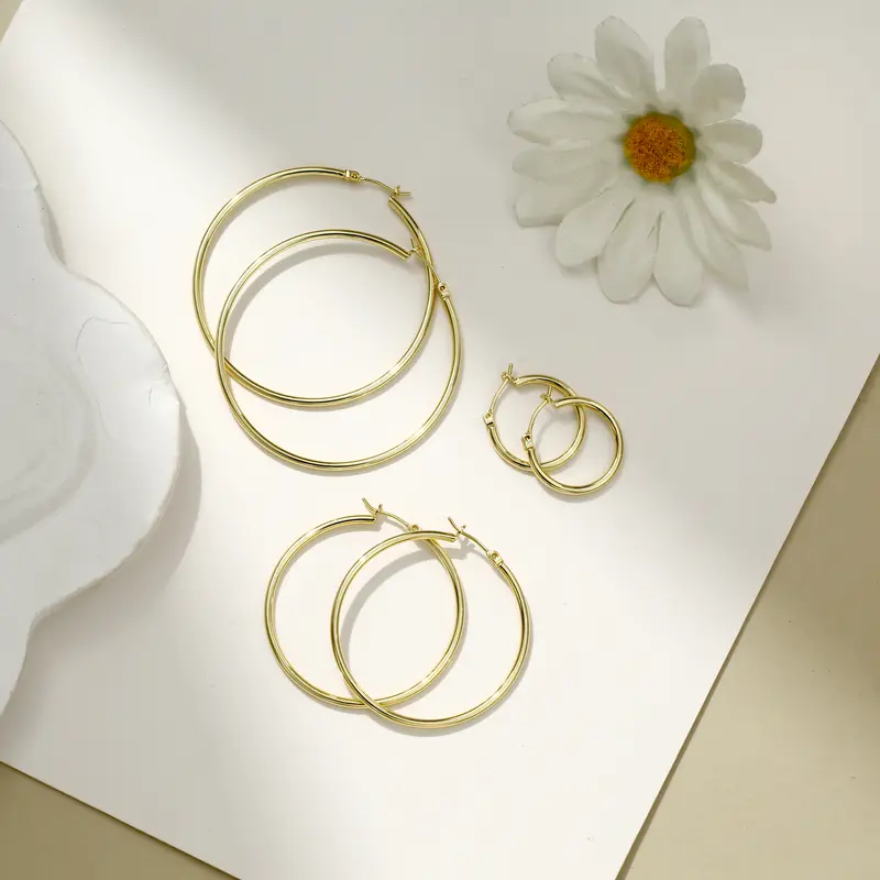 Women's 14K Gold-Plated Large Hoop Earrings - Silver Tone, Gold Aesthetic, Lightweight, Classic Style Earrings, Elegant Female Costume Jewelry, Daily Wear, Tarnish-Proof, Lead and Rust Free, Metal Coating