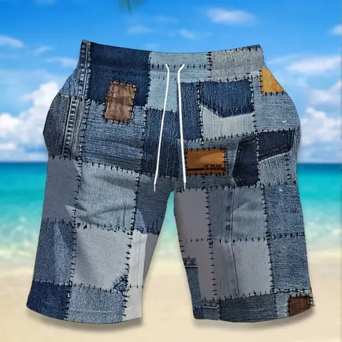 Men's Patchwork Shorts, Summer Beach Casual Pants, Multi-Color Block Design, Drawstring Waist, Comfortable Breathable, Slim-Fit, Fashion Casual Shorts