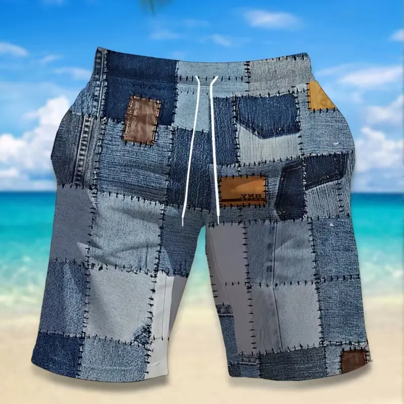Men's Patchwork Shorts, Summer Beach Casual Pants, Multi-Color Block Design, Drawstring Waist, Comfortable Breathable, Slim-Fit, Fashion Casual Shorts