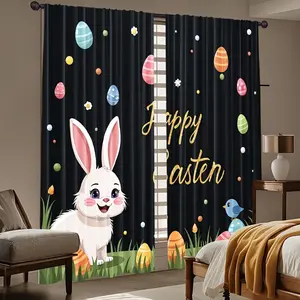 2-piece set of Easter Bunny Easter egg digital printed curtains, preferred curtains for children's rooms, semi blackout polyester fabric, curtains for daily home decoration in living rooms, bedrooms Window Curtain