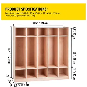 VEVOR Coat Locker, 5-Section Daycare Cubby Coat Rack, Classroom Coat Locker and Backpack Hanger, with 5 Hooks and Storage Boxes, for Kindergarten School, Natural