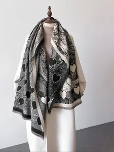 Heart Print Raw Hem Design Scarf, Casual Soft Warm Long Shawl for Women & Girls, Fashion All-match Accessories for Fall & Winter