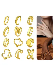 12 Pcs Stacked Rings Set, 18k Gold Plated, Open Jump Ring, Heart Pattern, Casual Style, All Seasons, Sizes 4-9, Silver Color